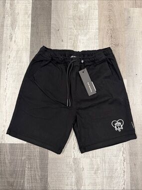 Men's Black Cargo-Style Drawstring Shorts with Bad Monday Crying Heart Logo